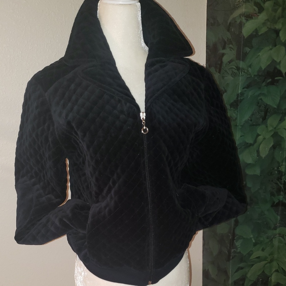 Quilted Black Crop Velvet Velour Jacket LG Vintage